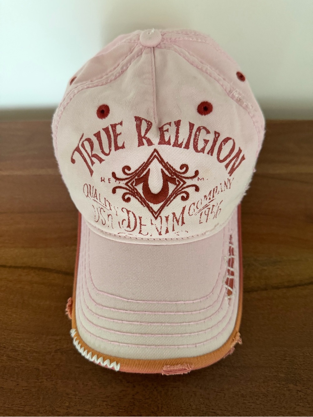 Vintage 90s Y2K True Religion Trucker Baseball Cap Distressed Adjustable pink